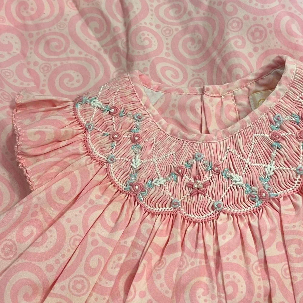 Petit Ami Baby 3 months smocked bishop dress set Pink Floral Dress Diaper Cover
